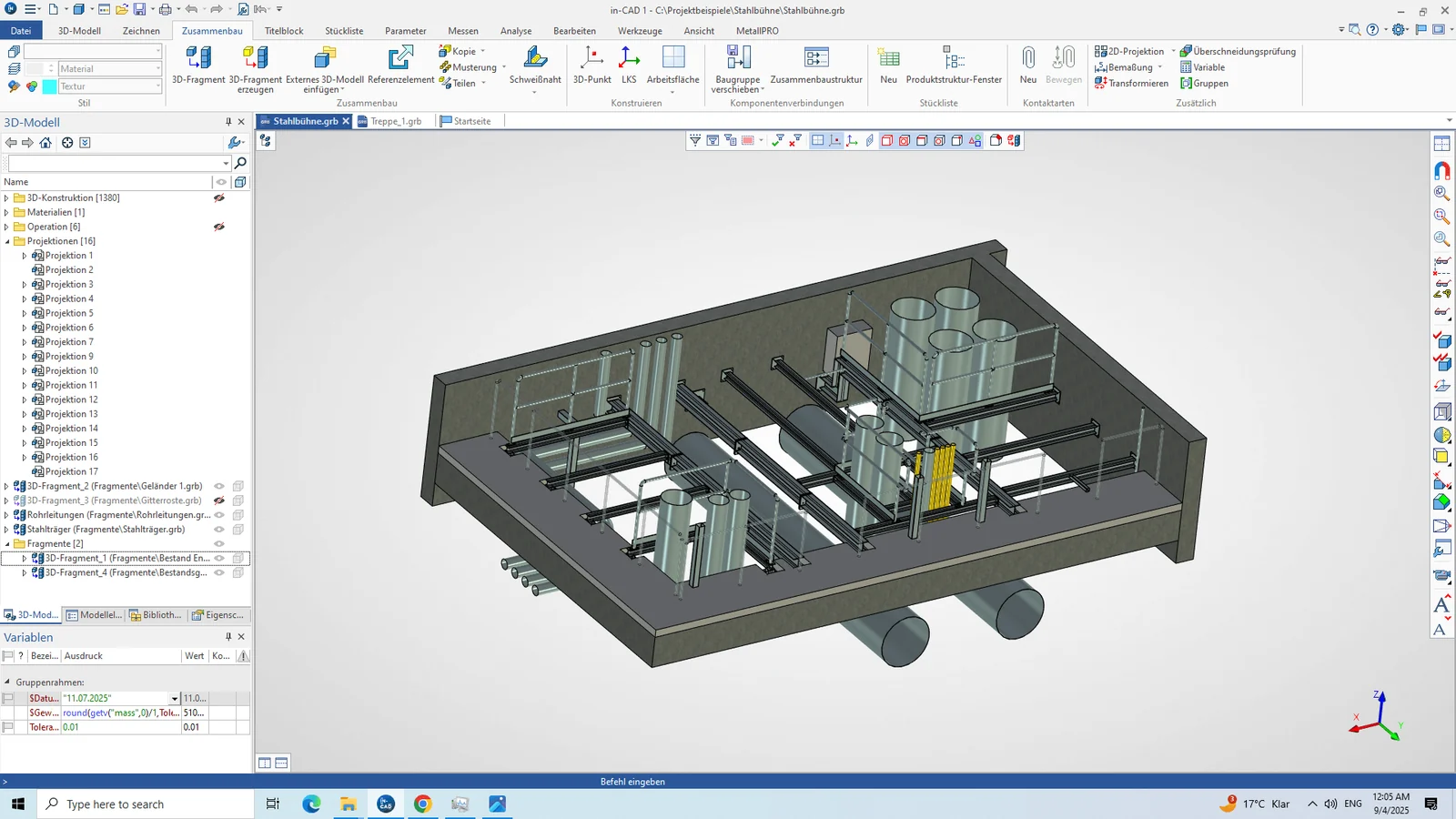 Stahlbühne als 3D-Modell in der IN-CAD Benutzeroberfläche