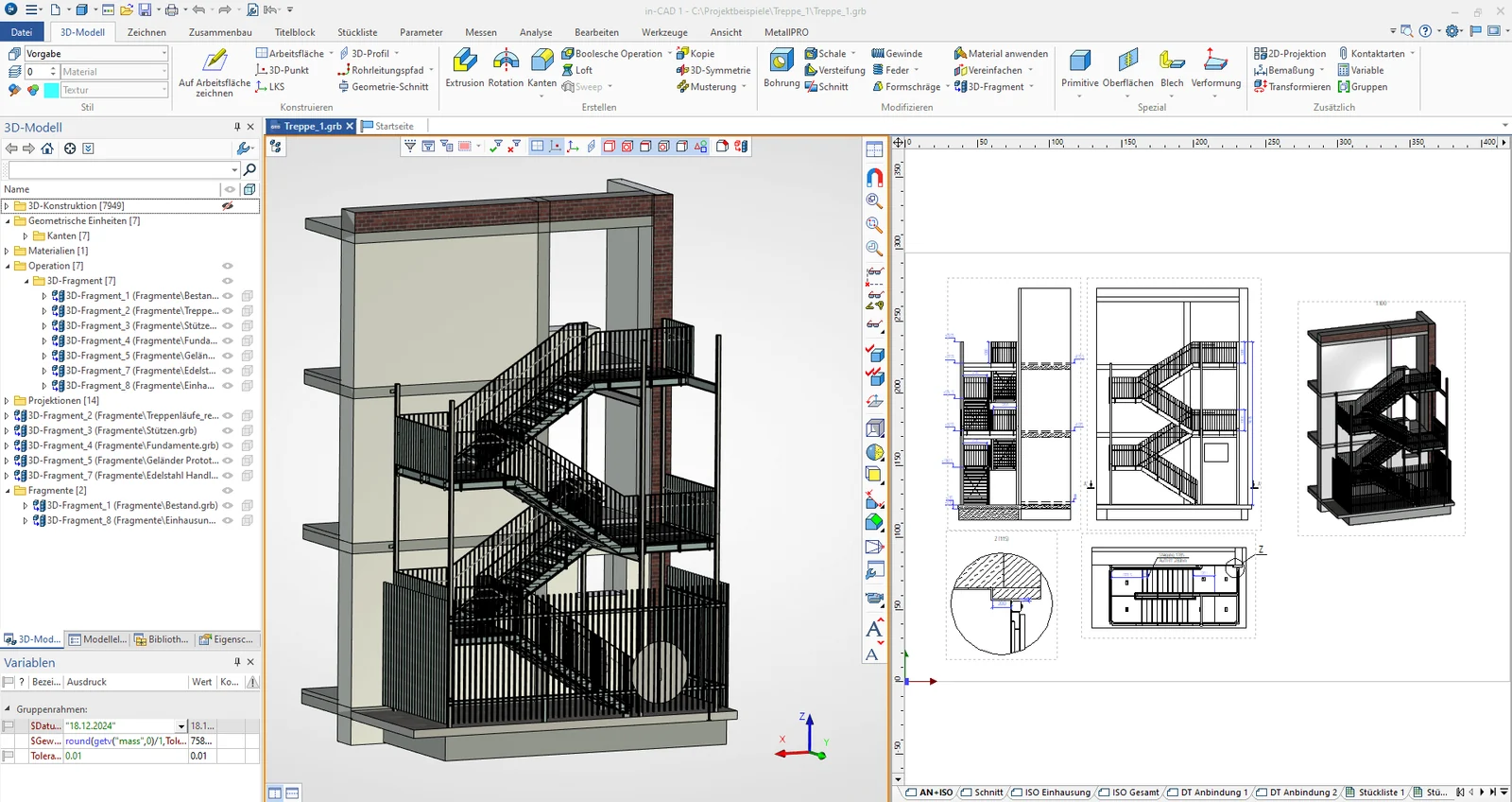 Wendeltreppe in IN-CAD mit zugehörigen Zeichnungsansichten