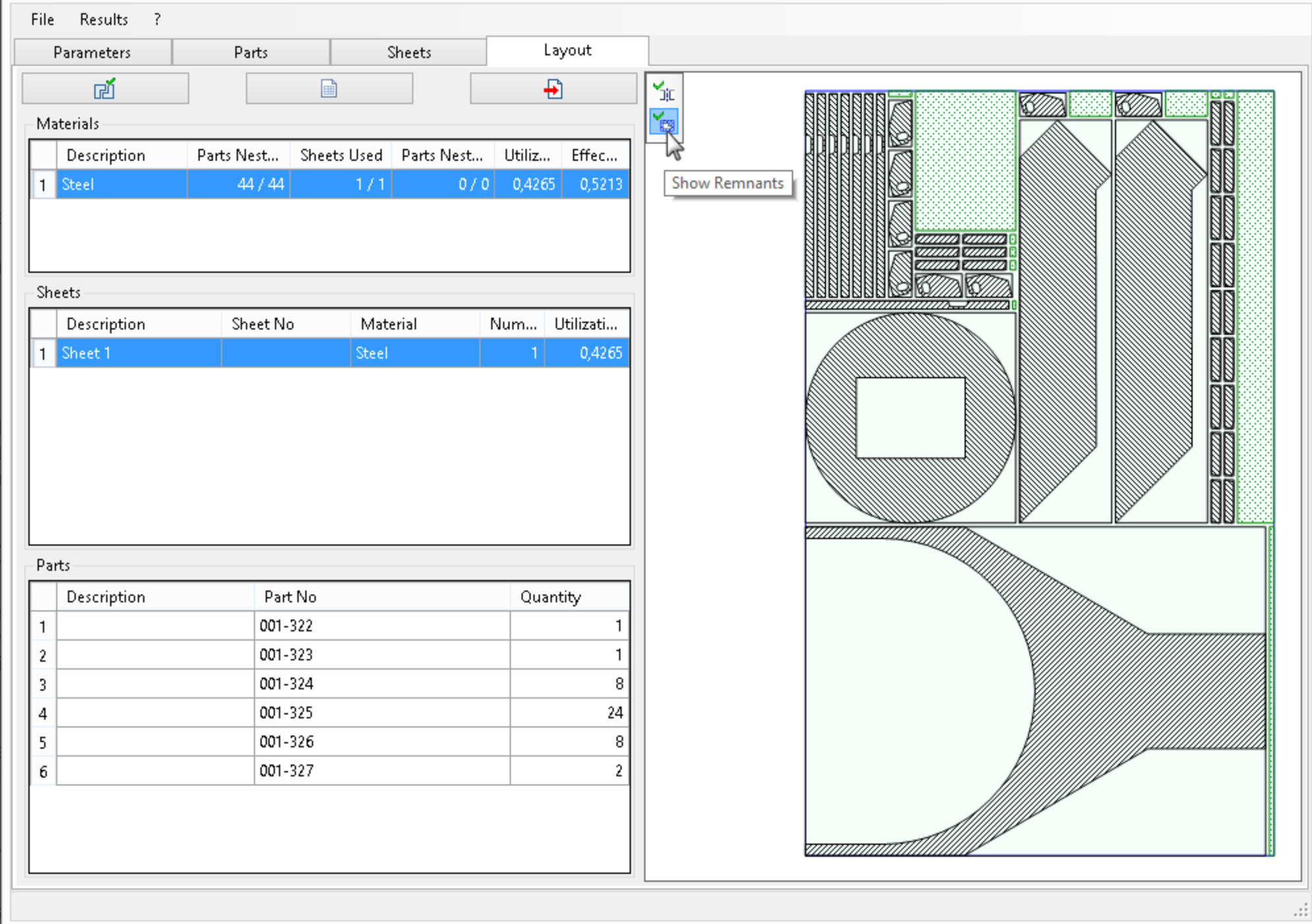 Nesting-Anwendung: Zuschnittlayout mit angezeigten Materialresten