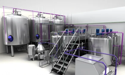 CAD-Modell einer Industrieanlage mit Behältern und Rohrleitungen