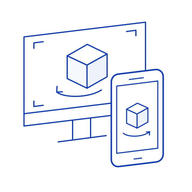 Schematische Darstellung eines 3D-Modells auf Bildschirm und Smartphone